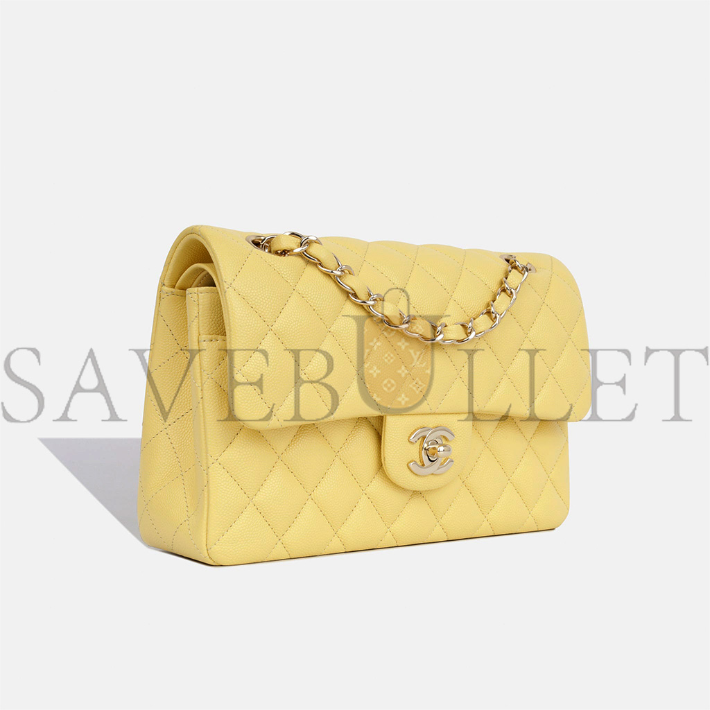 CHANEL SMALL CLASSIC DOUBLE FLAP YELLOW CAVIAR LIGHT GOLD HARDWARE (23*13*6cm)